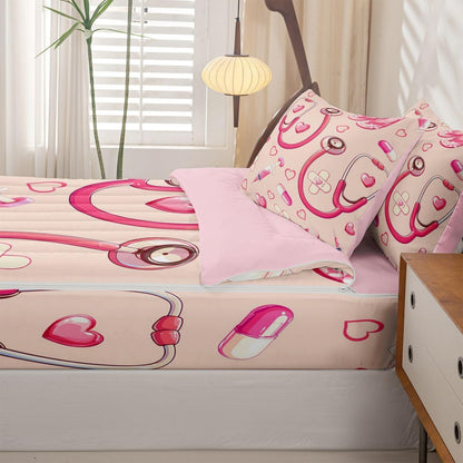 Erosebridal Peach Nurse Zipper Bedding Twin Pink Stethoscope Zip Up Bedding Set for Boys and Kids, Cute Heart Nursing Bed in a Bag Medical Healthcare Comforter with Fitted Sheet and 2 Pillowcases