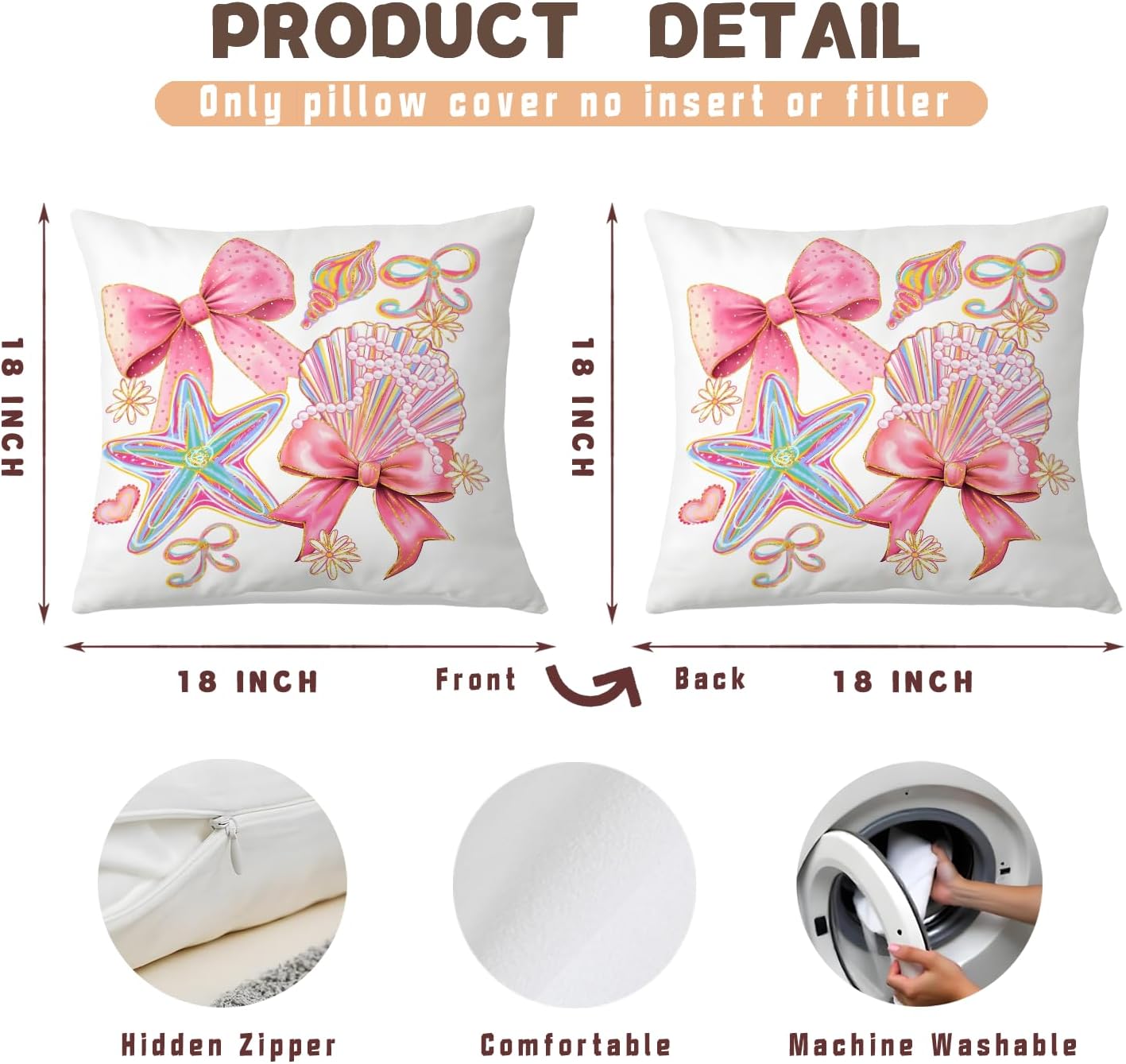 Coquette Beach Pillow Cover 18x18 Inches, Pink Bow Starfish Seashell Pillow Cover,Pink Preppy Room Decor， Coastal Beach Themed Pillows Decor, Girl Nautical Gift for Bedroom.