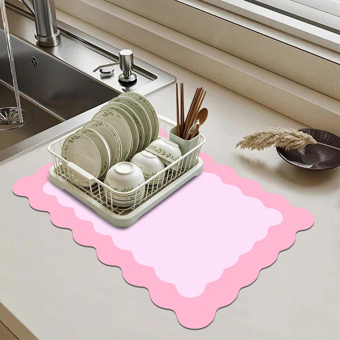 Scalloped Coffee Bar Mat for Countertop, Cute Dish Drying Mats for Kitchen Counter, Diatomite Absorbent Mat for Coffee Station, Kitchen Aesthetic Decor (12"x19", Pink)