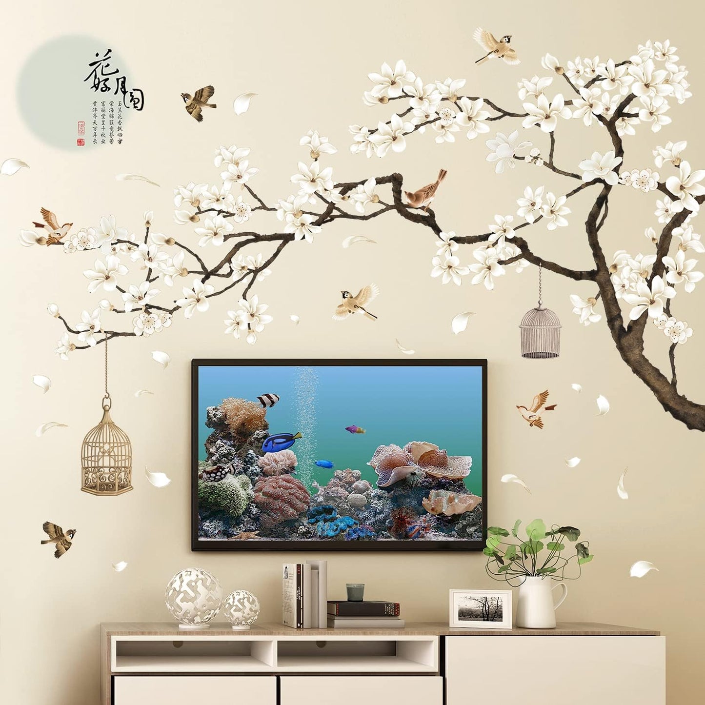 LiveGallery White Peach Blossm Flowers Wall Stickers Chinese Style Tree Branches Wall Decals Removable DIY Ancient Poems Petal Moon Birdcage Wall Art Murals for Girls Bedroom TV Background (Right)