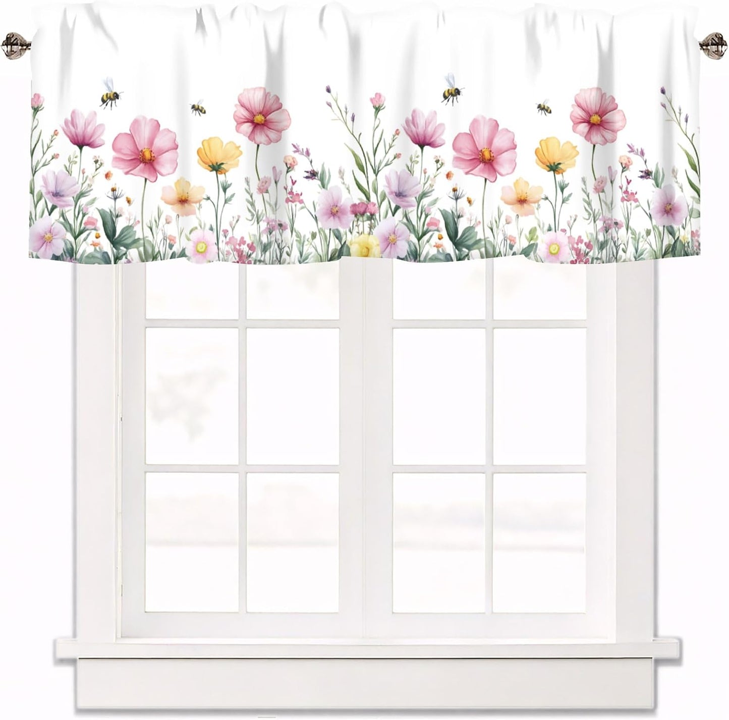 Spring Wildflowers Curtain Valance for Windows Bees Floral Pink Window Treatments 1 Panel Short Curtains for Kitchen Windows Bathroom Bedroom,42 x 12 Inch