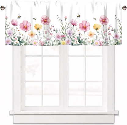 Spring Wildflowers Curtain Valance for Windows Bees Floral Pink Window Treatments 1 Panel Short Curtains for Kitchen Windows Bathroom Bedroom,42 x 12 Inch