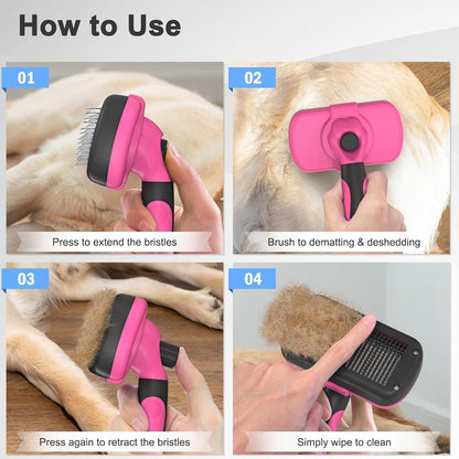 Dipoo Self-Cleaning Pet Grooming Brush - Skin-Friendly Deshedding Tool for Dogs & Cats in Pink, Removes Loose Hair and Tangles