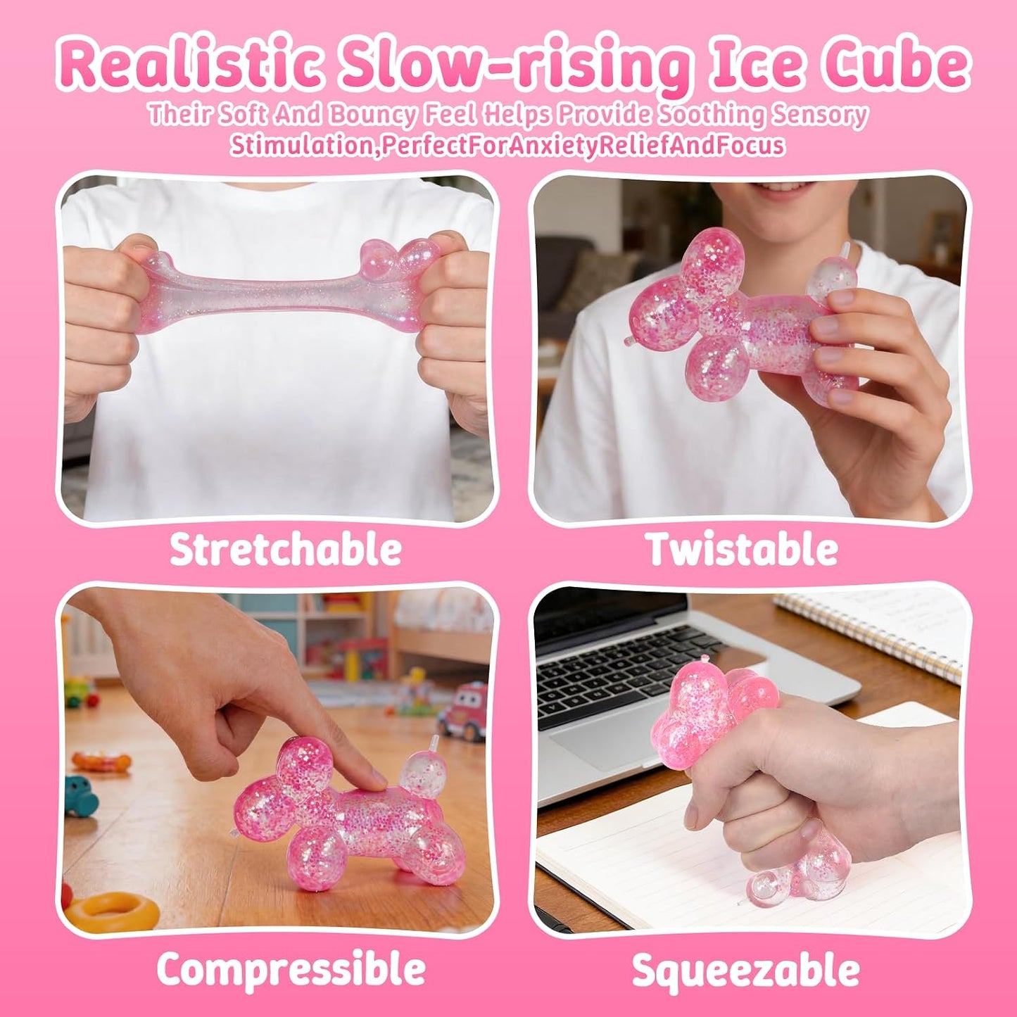Balloon Dog Squishy Toy, Stretchy Sensory Fidget Toy for Kids and Adults, 1.97in Soft Stress Relief Squeeze Toy, Cute Balloon Animal Desk Toy, Glitter Squishy Gift(Pink)