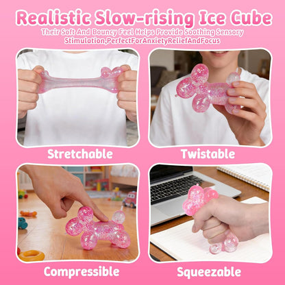 Balloon Dog Squishy Toy, Stretchy Sensory Fidget Toy for Kids and Adults, 1.97in Soft Stress Relief Squeeze Toy, Cute Balloon Animal Desk Toy, Glitter Squishy Gift(Pink)