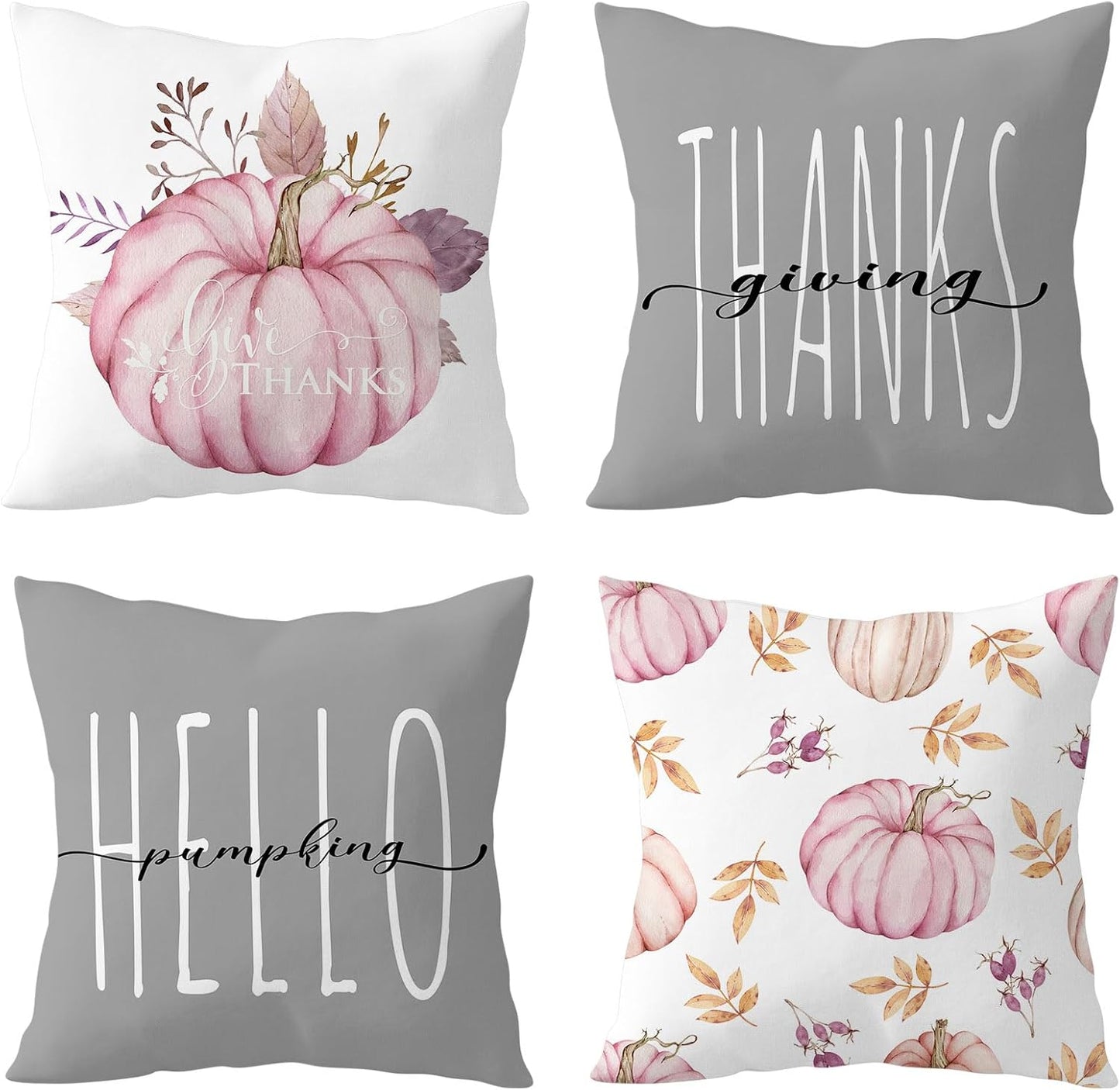 LB Fall Pink Pumpkin Pillow Covers 18x18 Inch Set of 4,Thanksgiving Orange Maple Leaf Pink Fall Throw Pillow Covers Decorative Pillow Cases for Couch Living Room Sofa Bed Cushion Cases