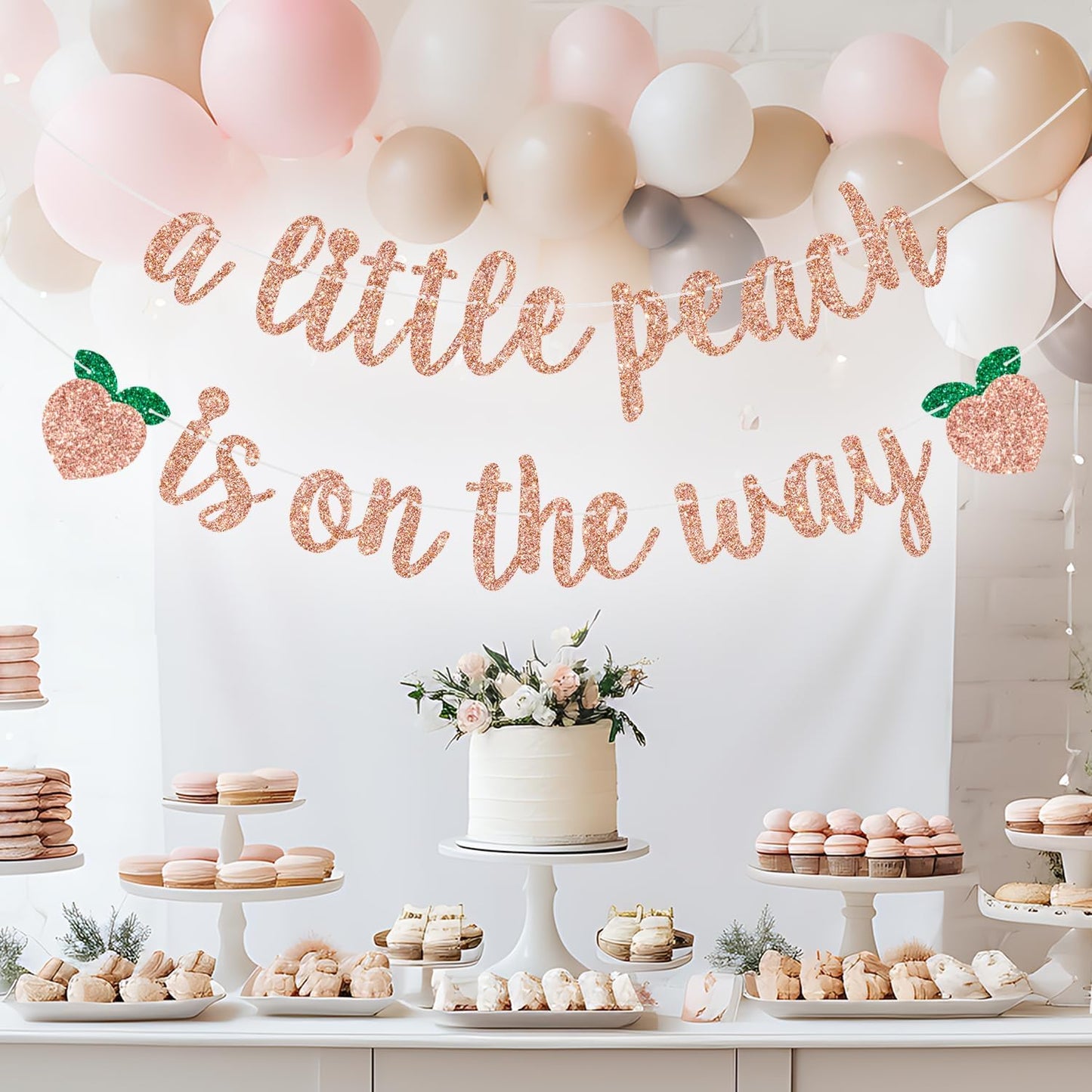 A Little Peach is on the Way Banner Baby Shower/Gender Revel Party Decorations Newborn Baby First Birthday Party Banner Fruit Theme Birthday Banner Rose Gold Glitter