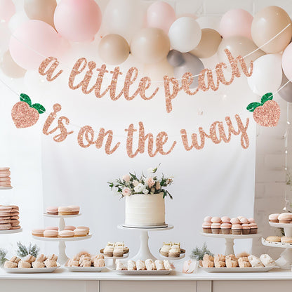 A Little Peach is on the Way Banner Baby Shower/Gender Revel Party Decorations Newborn Baby First Birthday Party Banner Fruit Theme Birthday Banner Rose Gold Glitter