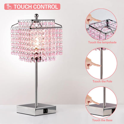 Luvkczc Crystal Touch Table Lamp, Bedside Lamp with USB C+A Ports, Pink Lamp, Dimmable Lamp with Crystal Shade, Nightstand Lamp for Girl Bedroom, Living Room, Bulb Included