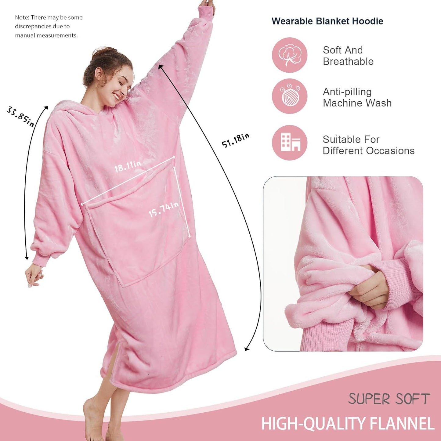 Aemilas Long Wearable Blanket Hoodie - Light Pink, Pet Friendly Oversized Hooded Blanket with Giant Pocket for Cats & Dogs, Cozy Fleece Gift for Women, Mom, Wife,Girlfriend