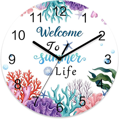 Underwater Coastal Wall Clock Battery Operated Non-Ticking 12" Round Wood Clocks, Summer Ocean Pink Plaid Corals Kitchen Wall Clock for School Bathroom Living Room Home Office Wall Decor
