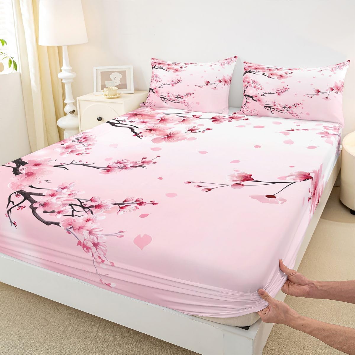 Homewish Cherry Bloosom Bedsheets Queen Size 4 Pcs,Pink Petal Spring Flowers Bedding Set for Girls Women Adults,Dreamy Wild Peach Blossom Sheet Set with Flat,Fitted Sheet,2 Pillowcases