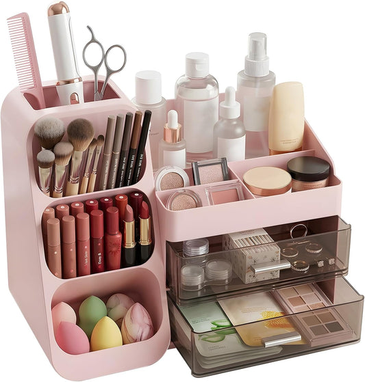 Makeup Organizer with 2 Drawers & Brush Holder, Large Plastic Vanity Organizer for Bathroom Countertop, Skincare Cosmetic Display Case for Lipsticks, Eyeshadow Palettes, Nail Polishes, Perfumes, Pink