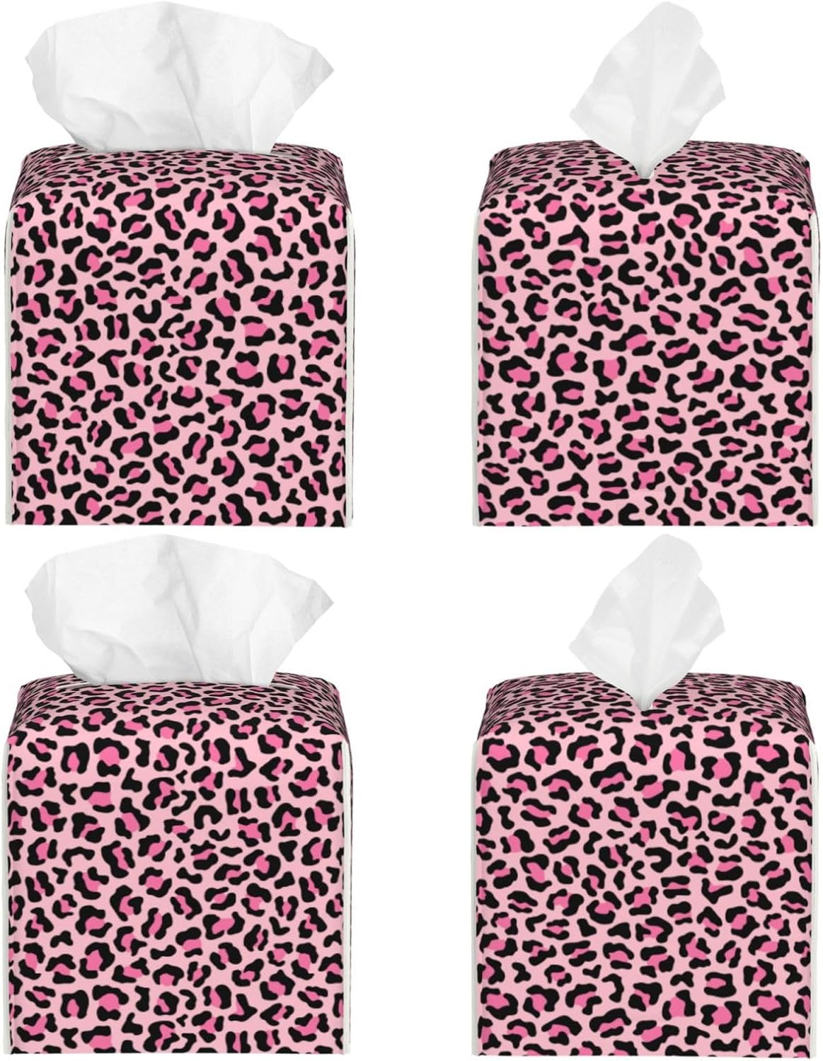 Trendy Pink Leopard Cute Print Tissue Box Cover Square Modern Decorative Tissue Box Holder, Cute Leather Box Cover Car Tissue Holder for Bathroom, Night Stands, Desk, Office Decor
