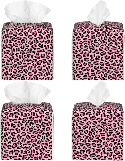 Trendy Pink Leopard Cute Print Tissue Box Cover Square Modern Decorative Tissue Box Holder, Cute Leather Box Cover Car Tissue Holder for Bathroom, Night Stands, Desk, Office Decor