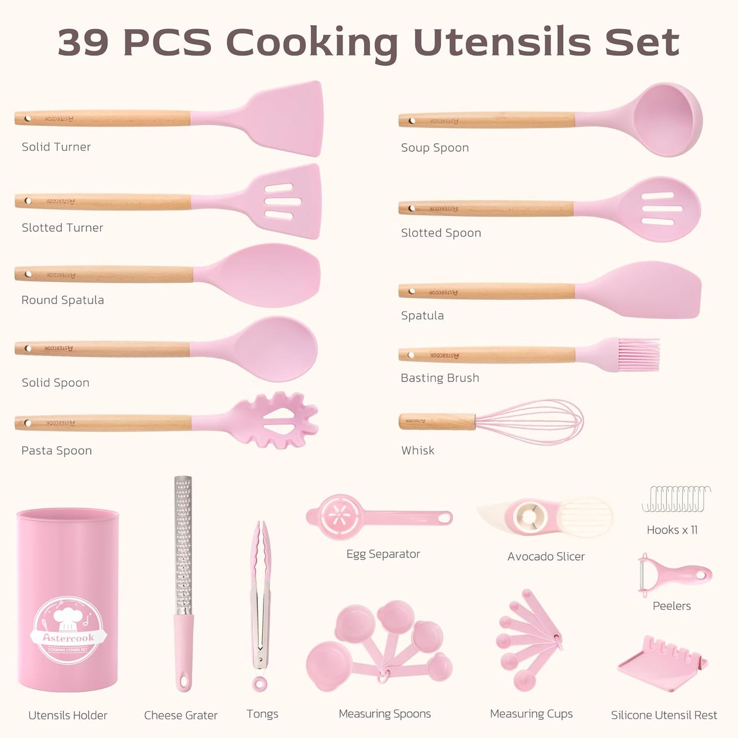 Astercook Kitchen Utensils set, 39 PCS Silicone Cooking Utensils Set with Wooden Handle, 446°F Heat Resistant Food Grade Utensil Sets, BPA Free Kitchen Gadgets Tools Set for Nonstick Cookware (Pink)