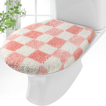 HunnmingRe Pink White Checkered Bathroom Toilet Lid Cover Soft Microfiber Toilet Top Cover 17.5" x 15" Washable Aesthetic Bathroom Decor Fits Most Round, Elongated and Oblong Lids, Machine Washable