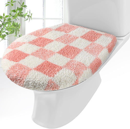 HunnmingRe Pink White Checkered Bathroom Toilet Lid Cover Soft Microfiber Toilet Top Cover 17.5" x 15" Washable Aesthetic Bathroom Decor Fits Most Round, Elongated and Oblong Lids, Machine Washable