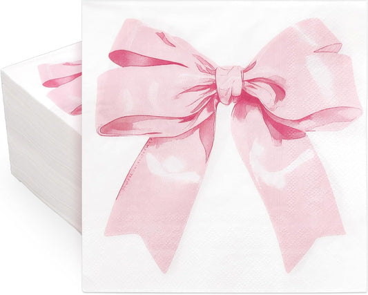 JarThenaAMCS 100Pcs Pink Bow Coquette Paper Napkins Watercolor Ribbon Bowknot Disposable Luncheon Dinner Napkins For Birthday Baby Shower Bachelorette Party Table Supplies