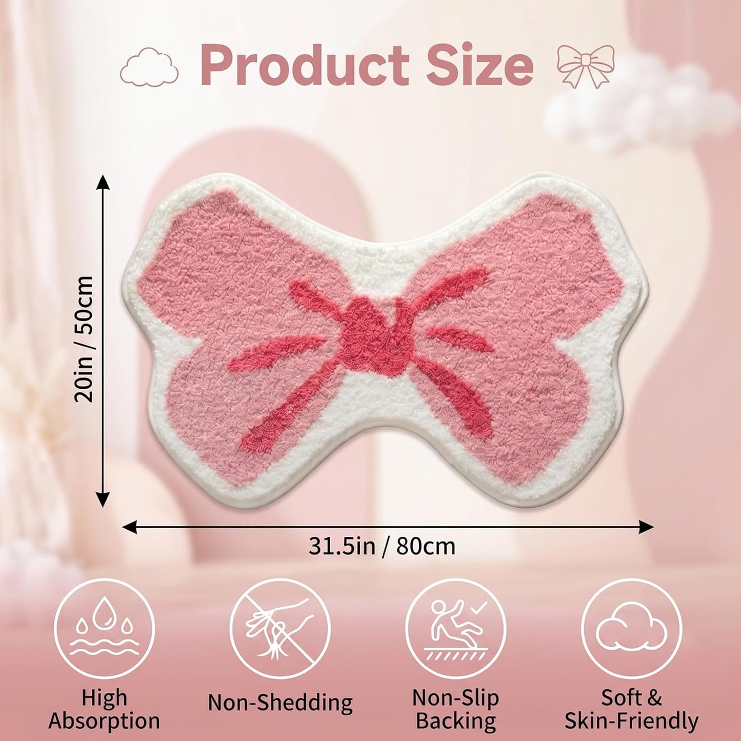 Cute Bow Shaped Bath Mat, Non Slip Coquette Bathroom Rug, Fluffy Plush Microfiber Absorbent Shower Rug, Washable Preppy Girly Decor for Bathtub Sink Bedroom Living Room, 31.5" x 20" (Light Pink)