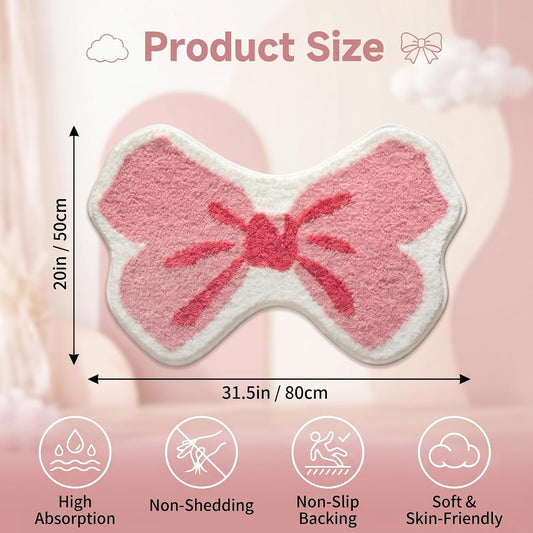 Cute Bow Shaped Bath Mat, Non Slip Coquette Bathroom Rug, Fluffy Plush Microfiber Absorbent Shower Rug, Washable Preppy Girly Decor for Bathtub Sink Bedroom Living Room, 31.5" x 20" (Light Pink)