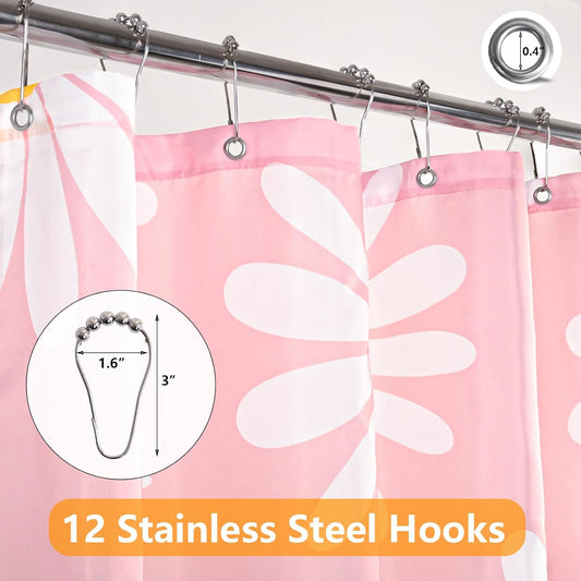 QJHOMO Pink Floral Shower Curtain Set Cute Daisy Girly Bathroom Curtain, Washable Waterproof Fabric Shower Curtains with 12 Hooks, Modern Aesthetic Decor Colorful Flower Shower Curtain 72x72 inch