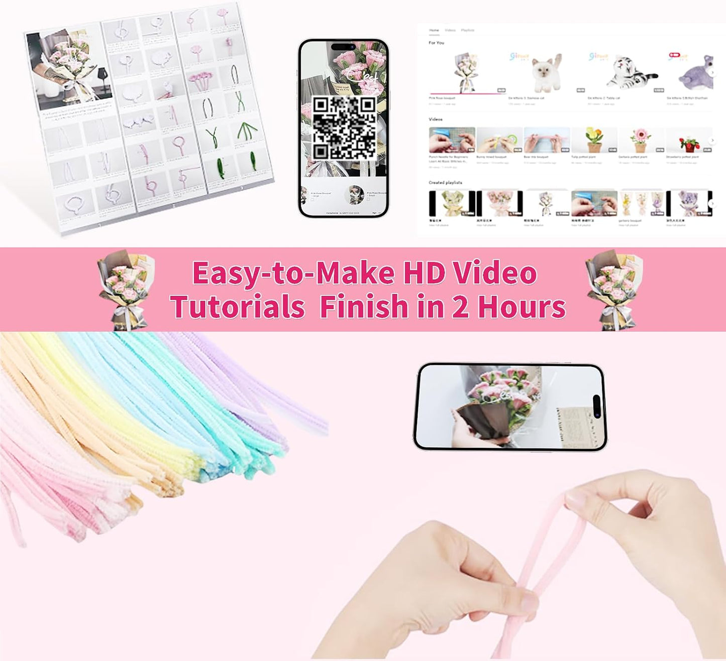 500 Pcs Pipe Cleaner Flower Kit, Pink Rose Pipe Cleaner Flowers with Chenille Stems, Wrapping Paper and Ribbon, DIY Arts and Crafts Gift for Girls