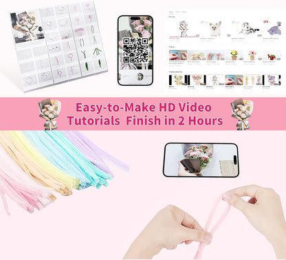 500 Pcs Pipe Cleaner Flower Kit, Pink Rose Pipe Cleaner Flowers with Chenille Stems, Wrapping Paper and Ribbon, DIY Arts and Crafts Gift for Girls