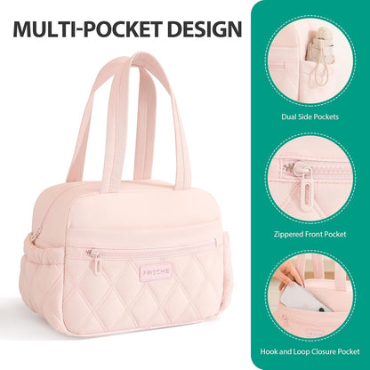 Veki Lunch Box for Women Men, Cute Puffer Insulated Lunch Bag, Reusable Leakproof Quilted Lunch Pail, Cooler Lunch Tote Bags for Work Picnic Travel Meal Prep Adult Teacher Nurse (Pink)
