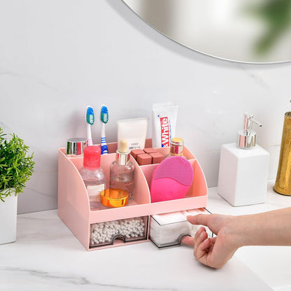 VITVITI Toothbrush Holders for Bathrooms Countertop, 5 Slots Toothpaste Bathroom Counter Sink Organizer with Drawers, Plastic Bathroom Organizer for Vanity/Makeup/Office Pink