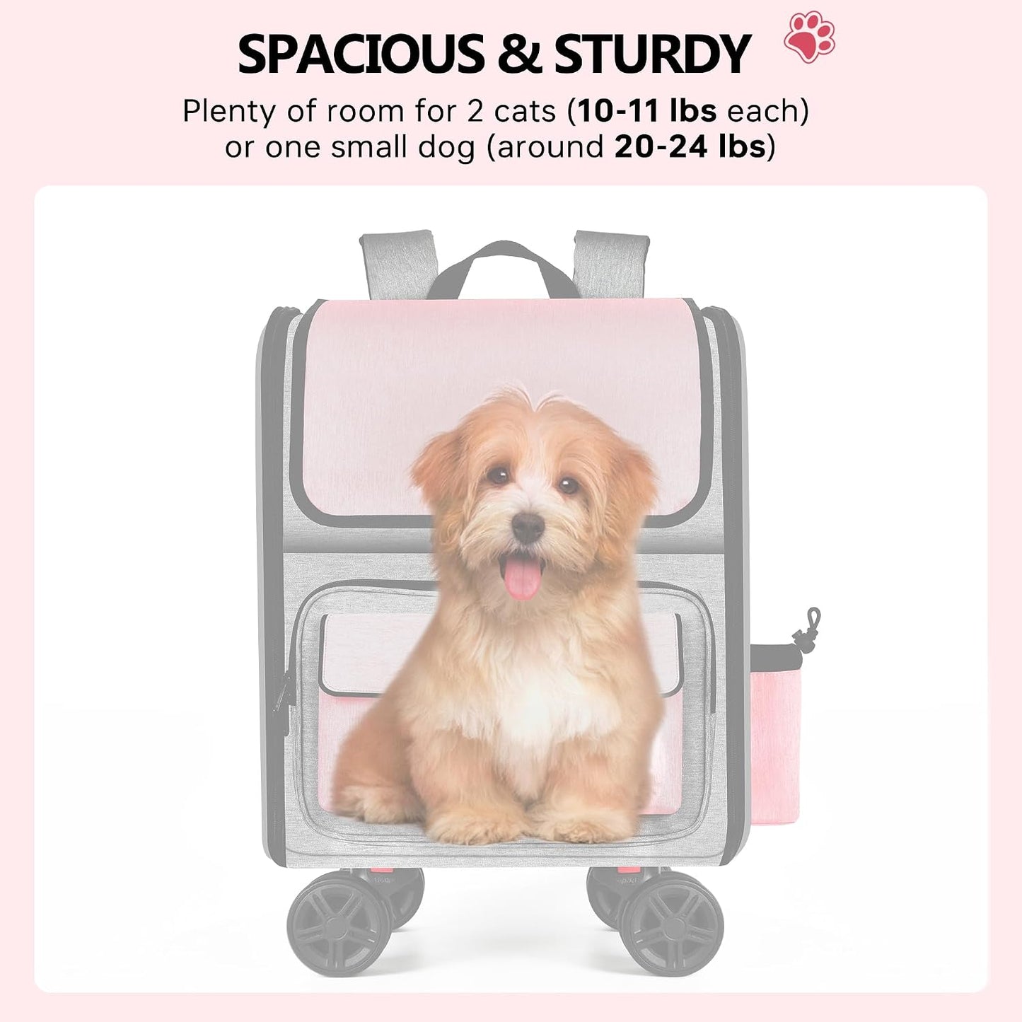 MGB Large Pet Carrier, Foldable Rolling Dog Carrier with Removable Wheels, Cat Rolling Bag 21.3"x15"x12.2" for 2 Cats & 1 Dog for Travel, Outdoor, Vet Visits, Camping, Indoor. Pink. (Not for Airline)