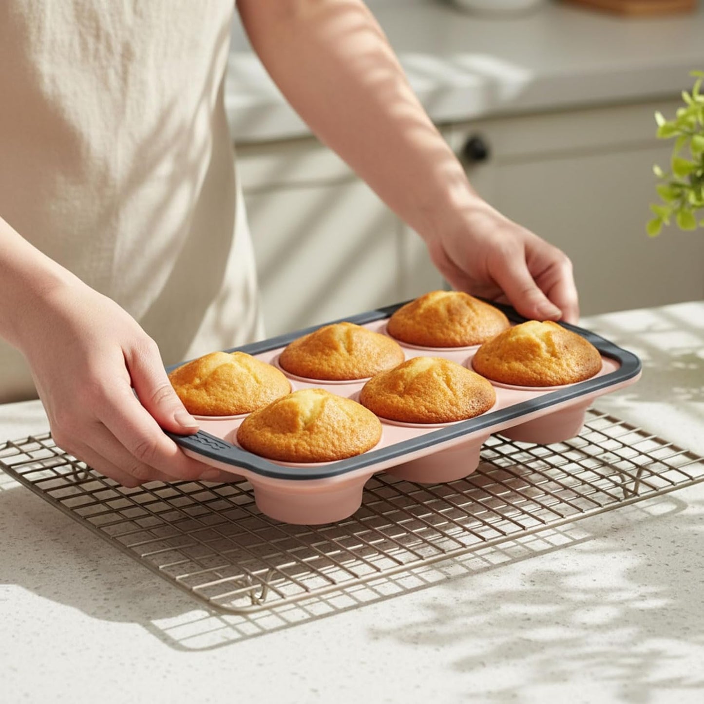 2 Pack Silicone Muffin Pan for Baking with Metal Frame, Collapsible 6 Cup Cupcake Baking Tray, Nonstick Silicone Muffin Tins for Oven, Dishwasher Safe Foldable Cupcake Molds (Pink)