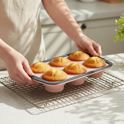 2 Pack Silicone Muffin Pan for Baking with Metal Frame, Collapsible 6 Cup Cupcake Baking Tray, Nonstick Silicone Muffin Tins for Oven, Dishwasher Safe Foldable Cupcake Molds (Pink)