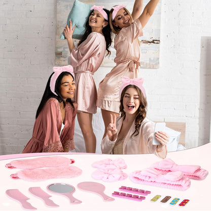 Janinka 108 Pcs Sleepover Spa Party Supplies for 12 Guests, Including Pink Headband, Scrunchies, Eye Mask, Nail File, Toe Separator, Comb, Mirror, Drawstring Bag for Women's Pajama Party