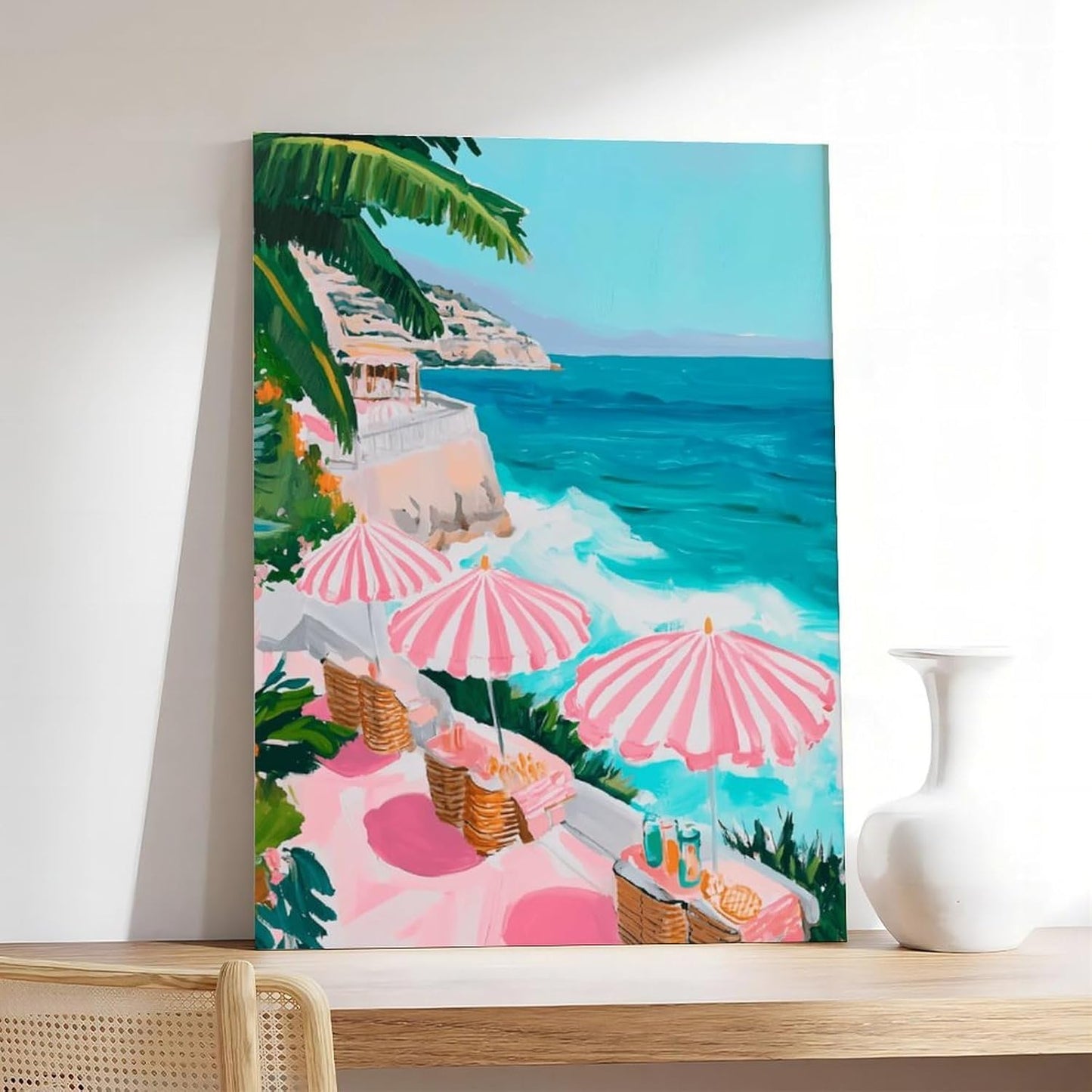 Pink Beach Umbrella Coastal Wall Art Pastel Ocean Canvas Print for Girly Apartment Bedroom Decor, Retro Mediterranean Vacation Poster for Cute Aesthetic Preppy Room Aesthetics