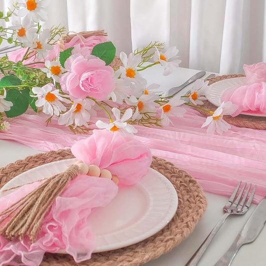 Blush Pink Cheesecloth Table Runner 10Ft + 6 Napkins + 6 Wood Bead Tassel Napkin Rings Gauze Runner Napkins Set for Wedding Baby Shower Birthday Dining Table Decor