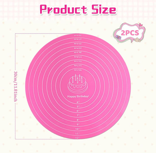 2 PCS 12 Inch Silicone Cake Mat, Pink Round Baking Mat with Measurements Reusable Cake Turntable Mat Non-Stick Heat Resistant Pastry Mats for Rolling Out Dough Cake Pizza Cookies