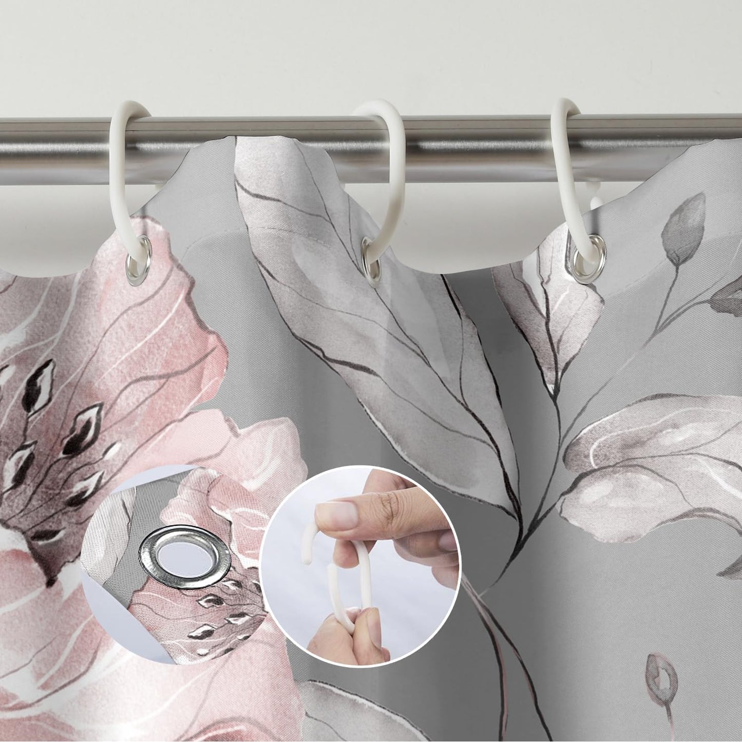 Grey Pink Flower Shower Curtains 72 x 72 Inch, Waterproof Fabric Watercolor Botanical Floral Shower Curtains for Bathroom with 12 Hooks