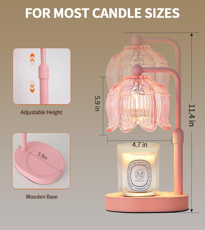 MEIXISUE Pink Flower Candle Warmer Lamp with Timer Dimmer, Adjustable Height No Flame Wax Warmer for Jar Candles, Ideal Gifts for Mom Women, ‌Housewarming New Home Bedroom Decor with 2 Bulbs