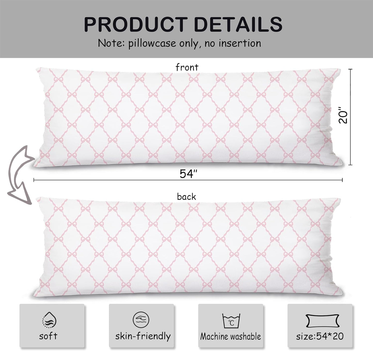 Coquette Preppy Pink Bow 20x54 Body Pillow Cover Case, Pink Coquette Room Decor, Preppy Room Dorm Decor, Girly Ribbon Grid Decorative Long Hug Pillow Cases for Bed Couch
