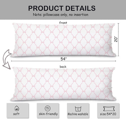 Coquette Preppy Pink Bow 20x54 Body Pillow Cover Case, Pink Coquette Room Decor, Preppy Room Dorm Decor, Girly Ribbon Grid Decorative Long Hug Pillow Cases for Bed Couch