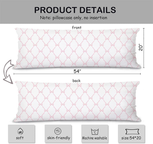 Coquette Preppy Pink Bow 20x54 Body Pillow Cover Case, Pink Coquette Room Decor, Preppy Room Dorm Decor, Girly Ribbon Grid Decorative Long Hug Pillow Cases for Bed Couch