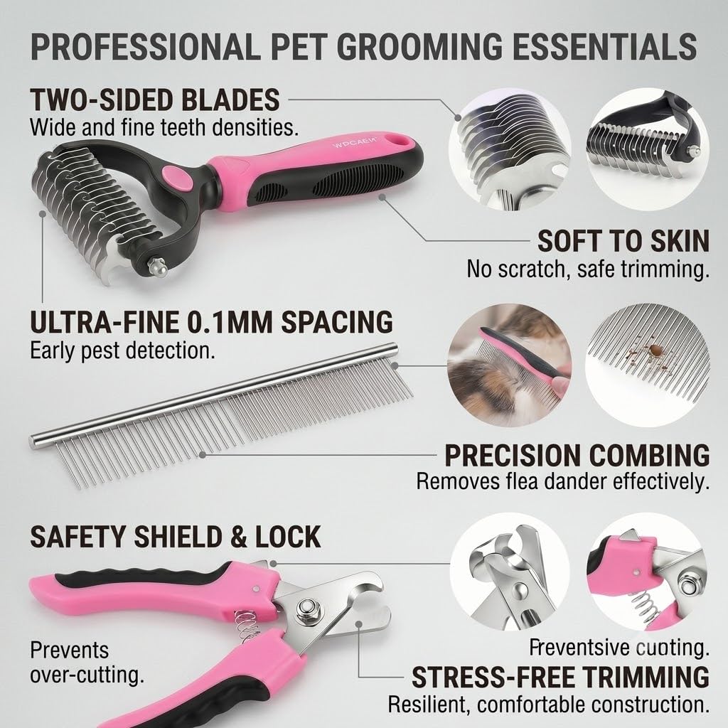 5PCS Self Cleaning Slicker Brush and Dog Grooming Kit, Pink | Deshedding Brush Kit for Dogs & Cats, Ideal for Short Long Hair, Daily Detangling & Cleaning Mats at Home or Travel