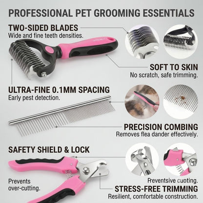 5PCS Self Cleaning Slicker Brush and Dog Grooming Kit, Pink | Deshedding Brush Kit for Dogs & Cats, Ideal for Short Long Hair, Daily Detangling & Cleaning Mats at Home or Travel