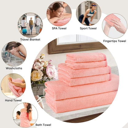 Orighty 6-Piece Towel Set - Soft & Lightweight - 2 Bath Towels, 2 Hand Towels, and 2 Wash Cloths - Absorbent & Quick Drying Microfiber Towel for Multipurpose, Bathroom, Gym, Sport, Yoga, Travel - Pink