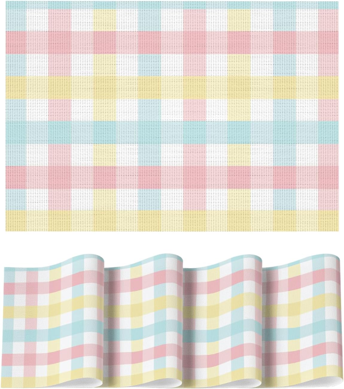 Artoid Mode Buffalo Plaid Vinyl Easter Placemats Set of 4, 12x18 Inch Washable Non-Slip Heat Resistant Plastic Place Mats for Party Dining Table, Pink/Blue