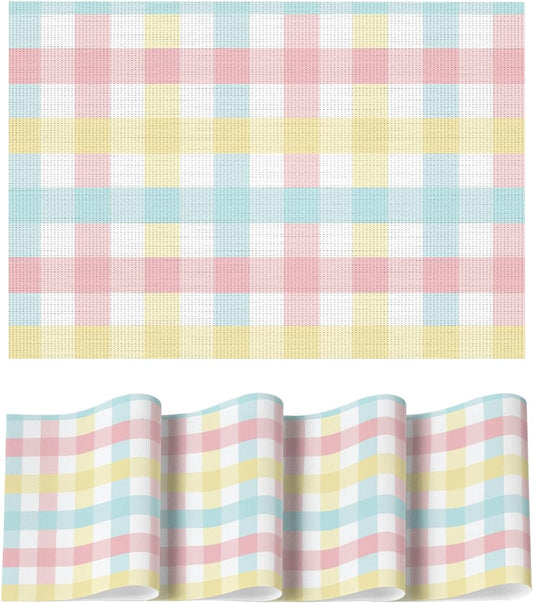 Artoid Mode Buffalo Plaid Vinyl Easter Placemats Set of 4, 12x18 Inch Washable Non-Slip Heat Resistant Plastic Place Mats for Party Dining Table, Pink/Blue
