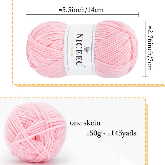 NICEEC 300g Soft Assorted Colors Yarn - Sport Weight,100% Acrylic, 4 Ply, Bonbons Yarn for Crochet & Knit, DIY Project Starter Kit for Kids or Adults(Total 870yds) - Pink Series