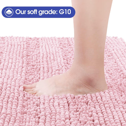 ACCUMTEK Christmas Striped Pink Bathroom Rug Mat Set 2 piece 32"x20"+24"x17" Ultra Soft, Non Slip Chenille Bath Rugs, Absorbent Plush Shaggy Bath Mats for Bathroom, Bedroom, Kitchen, Shower, Tub