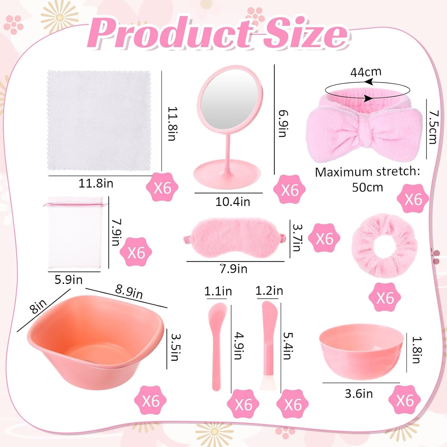 Honeydak 48 Pcs 6 Set Spa Party Favors for Women Pink Sleepover Party Supplies Bulk Face Mask Bowl Set Mirror Headband Scrunchies Face Wash Cloths Basin Eye Mask for Spa Sleepover Birthday